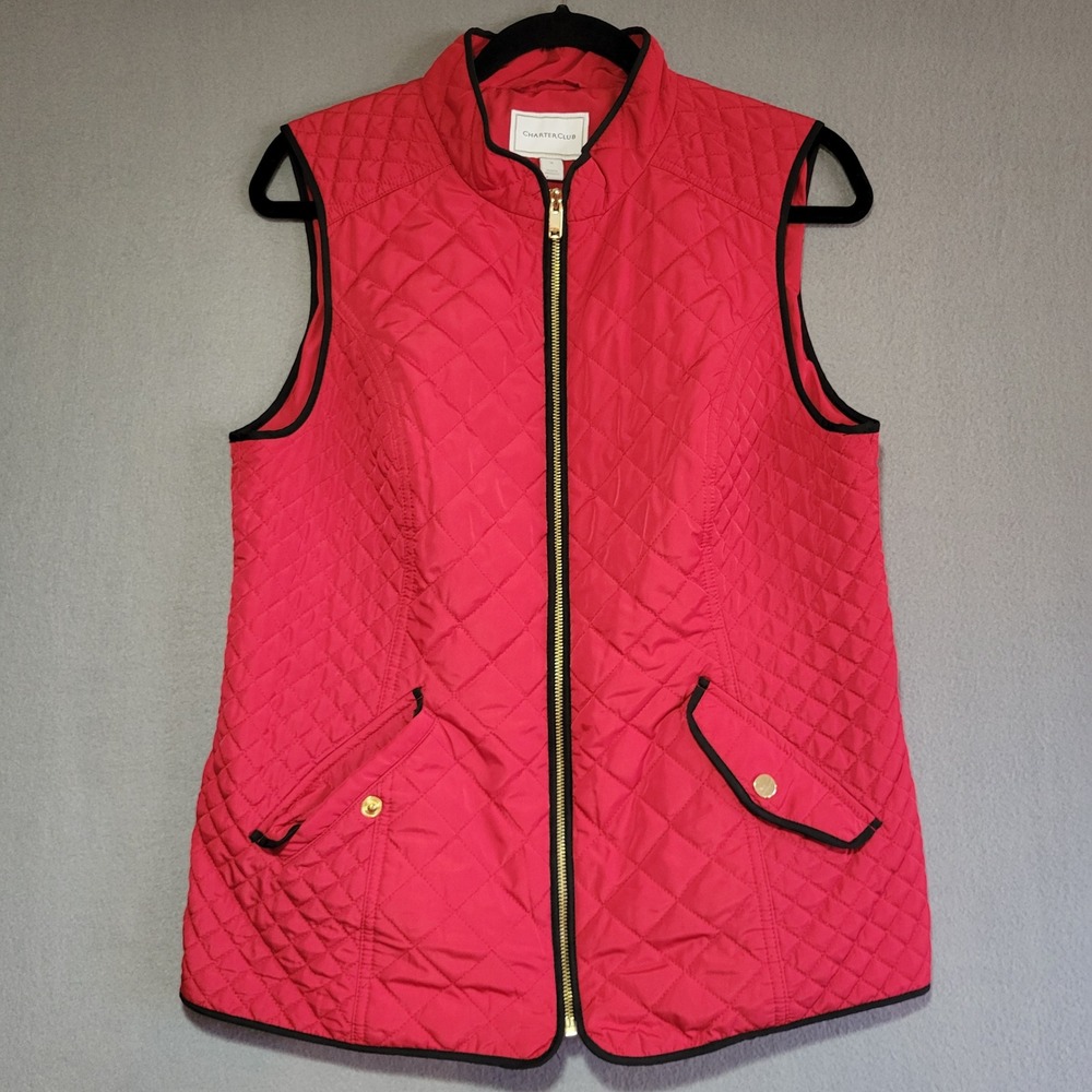 Charter Club Womens Red Quilted Full Zip Mock Neck Vest Size Medium